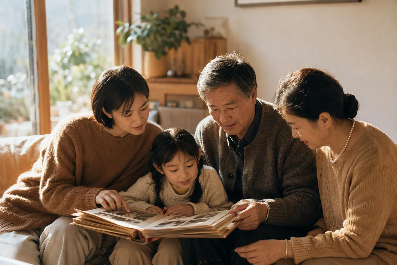 午后阳光里，一家人围坐翻看旧相册，气氛温暖从容