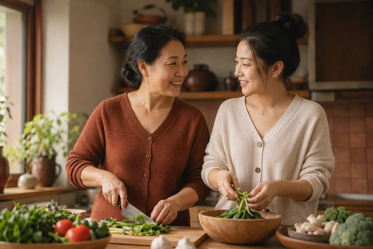 母亲和女儿一起在厨房择菜，边做边聊，神情轻松自然