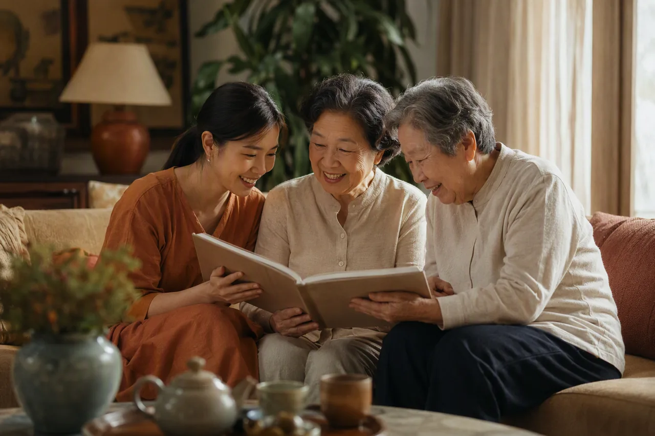 一家三代围坐沙发翻看做好的回忆录，长辈笑意盈盈