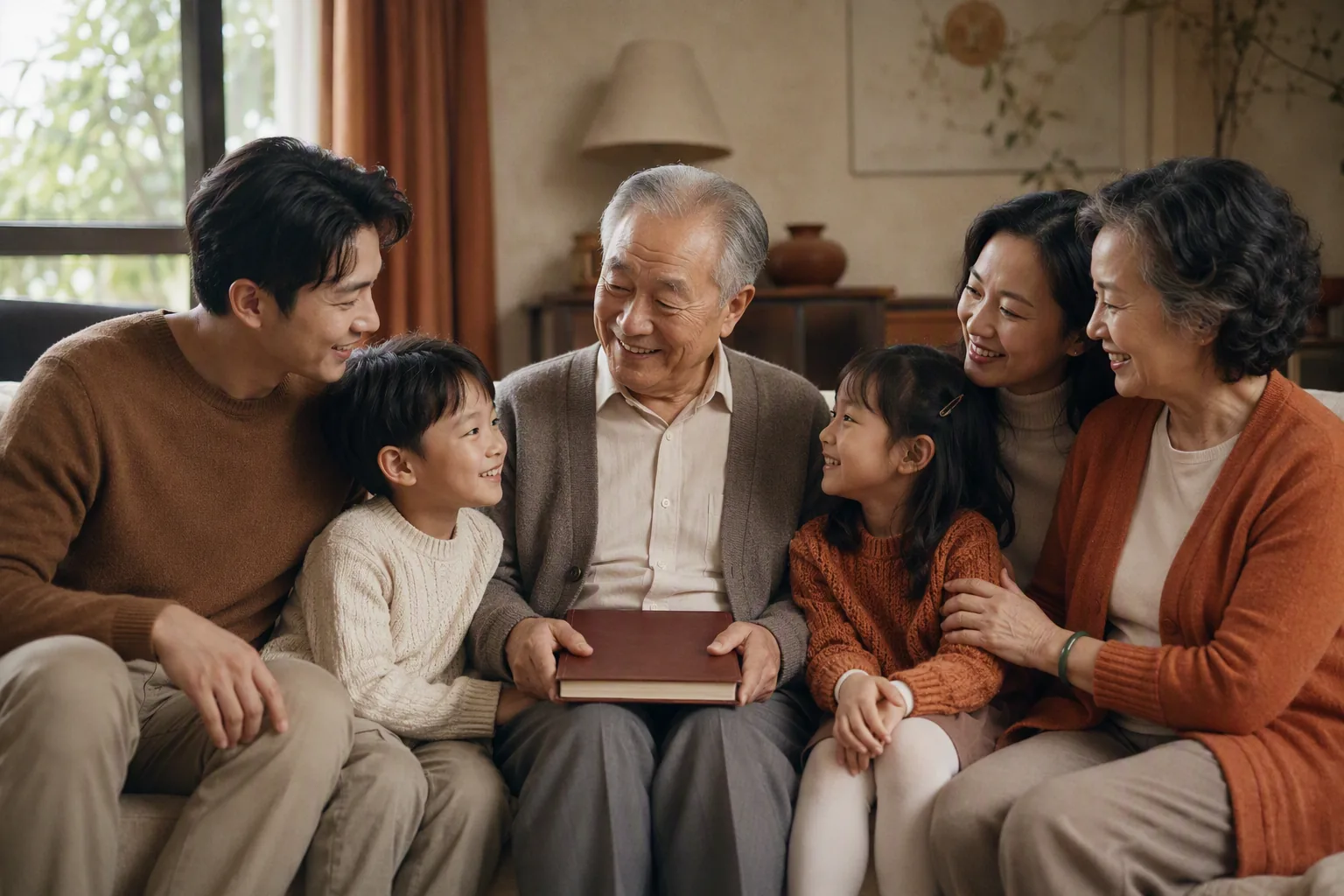 全家人围坐翻看刚刚成书的回忆录，长辈捧书露出欣慰的笑容