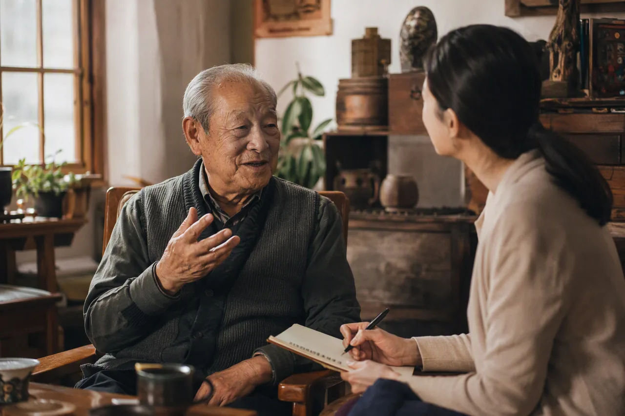 访谈师坐在长辈对面认真倾听记录，长辈神情放松地讲述往事
