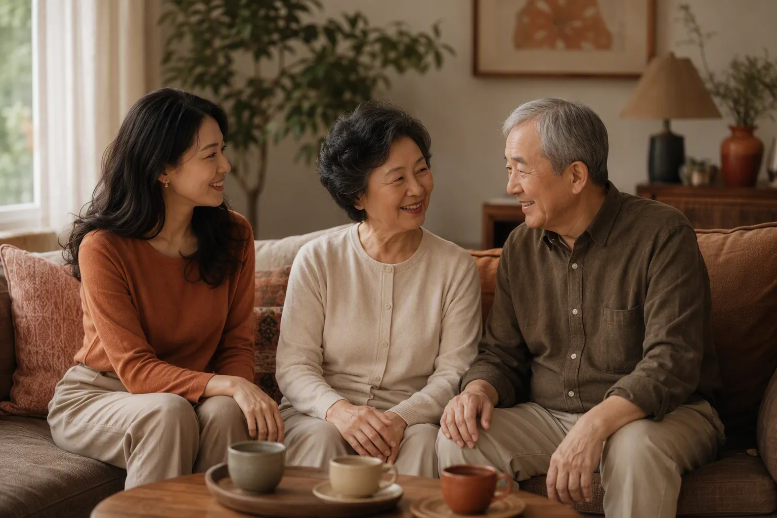 子女陪父母坐在沙发上翻老照片聊天，访谈师在一旁温暖记录