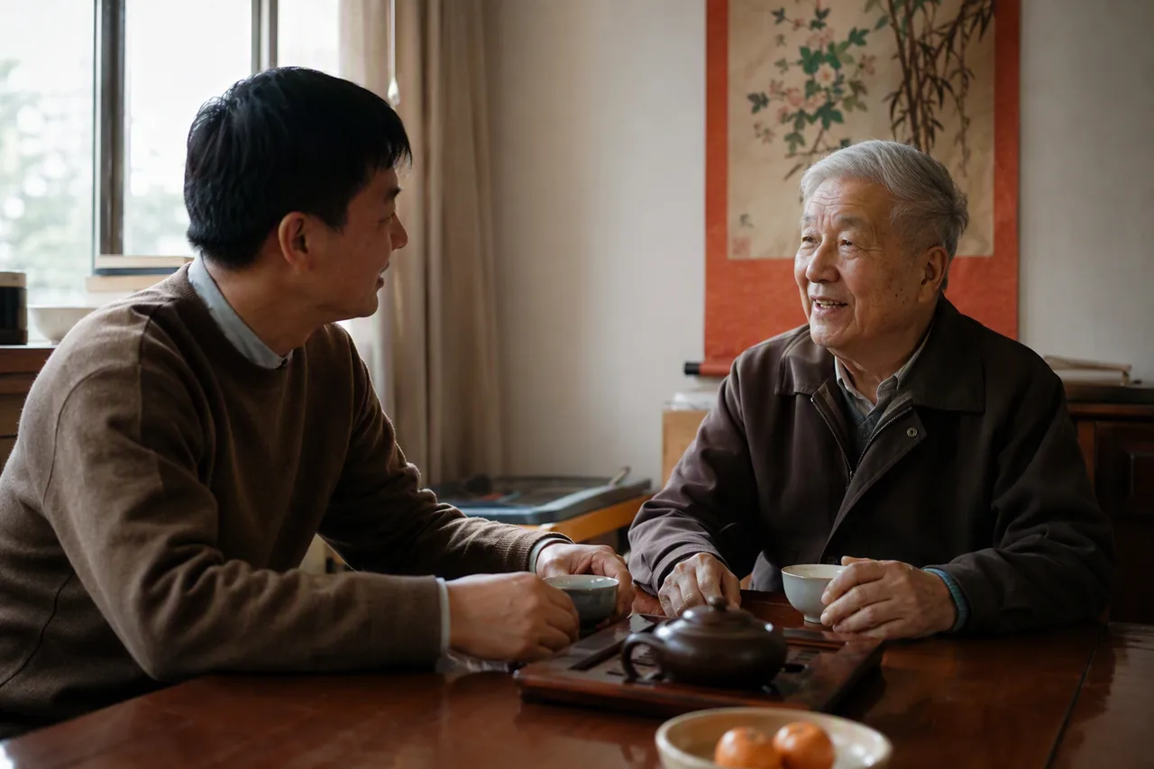 父亲和成年儿子在窗边喝茶闲聊，气氛轻松
