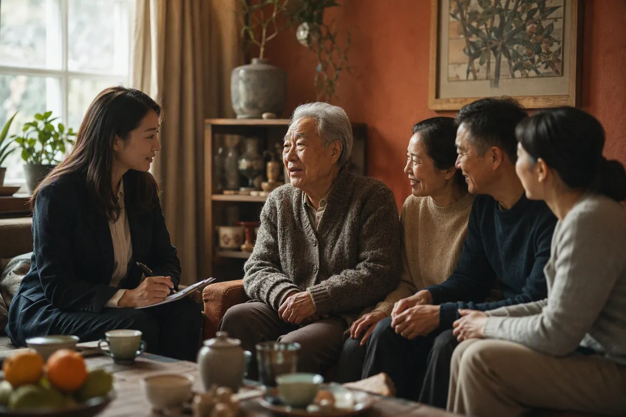 专业访谈师在客厅里与老人从容交谈，家人在一旁温暖陪伴