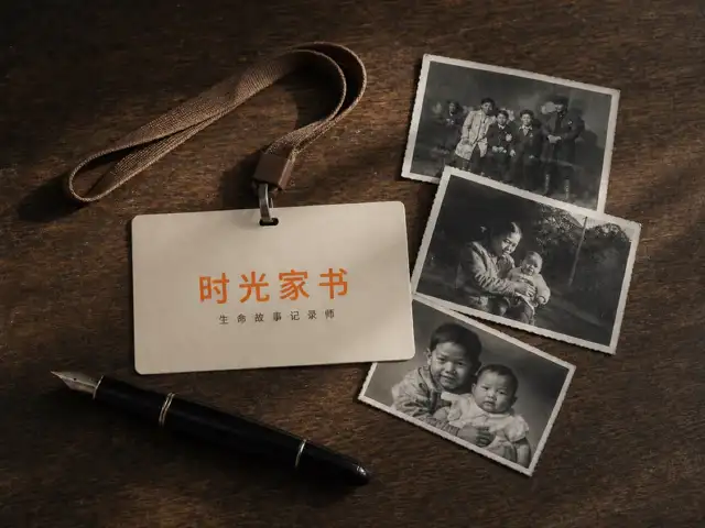 时光家书生命故事记录师的工作证，旁边放着老照片与钢笔