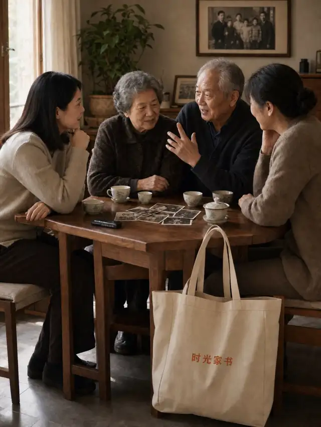 一家四口围坐桌边，一边喝茶一边聊起往事