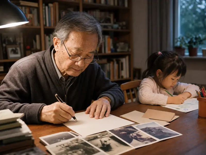 老人在书桌前提笔写信,孙辈安静地坐在一旁陪伴