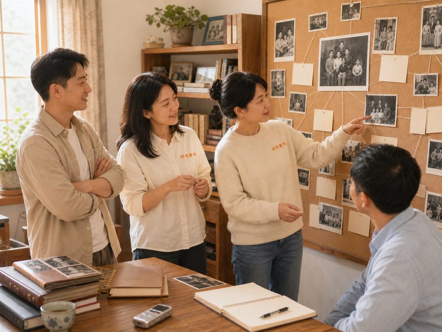 时光家书团队在故事墙前梳理访谈线索