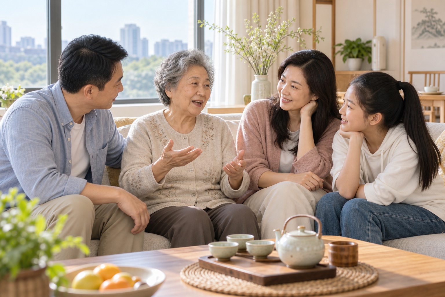 长辈与家人一起阅读家庭故事