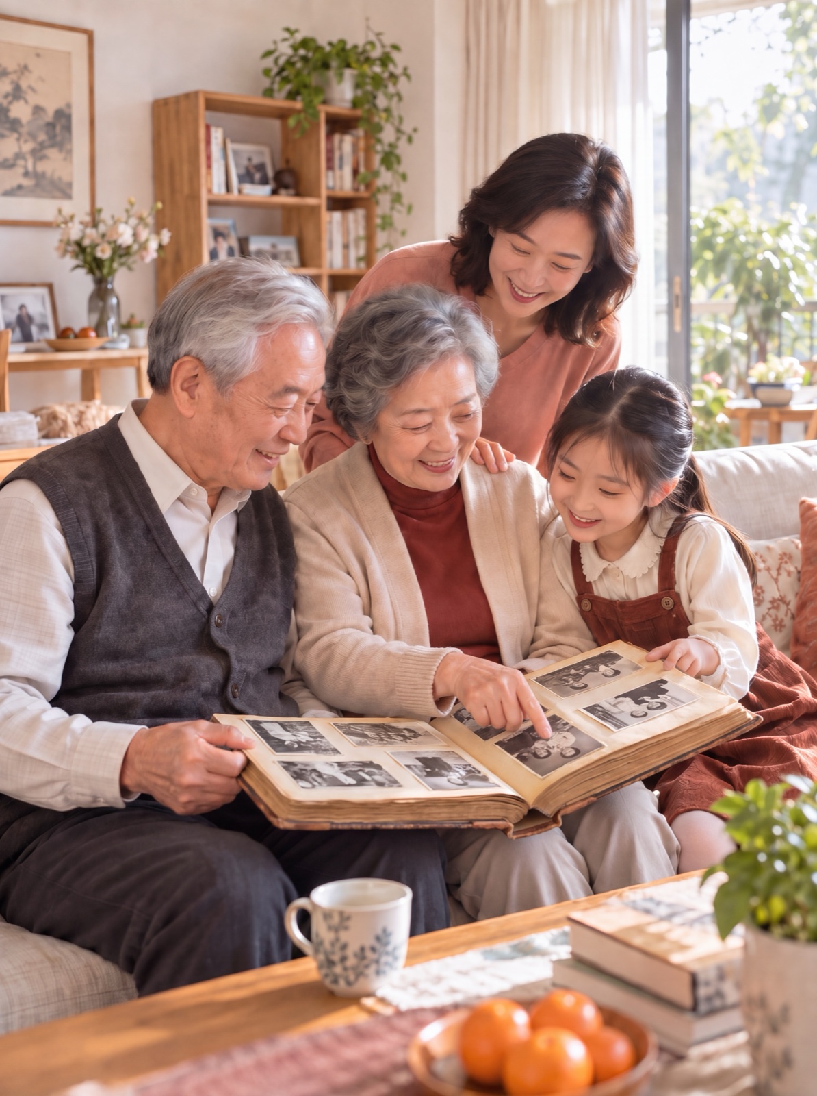 一家三代围在长辈身边翻看家庭相册