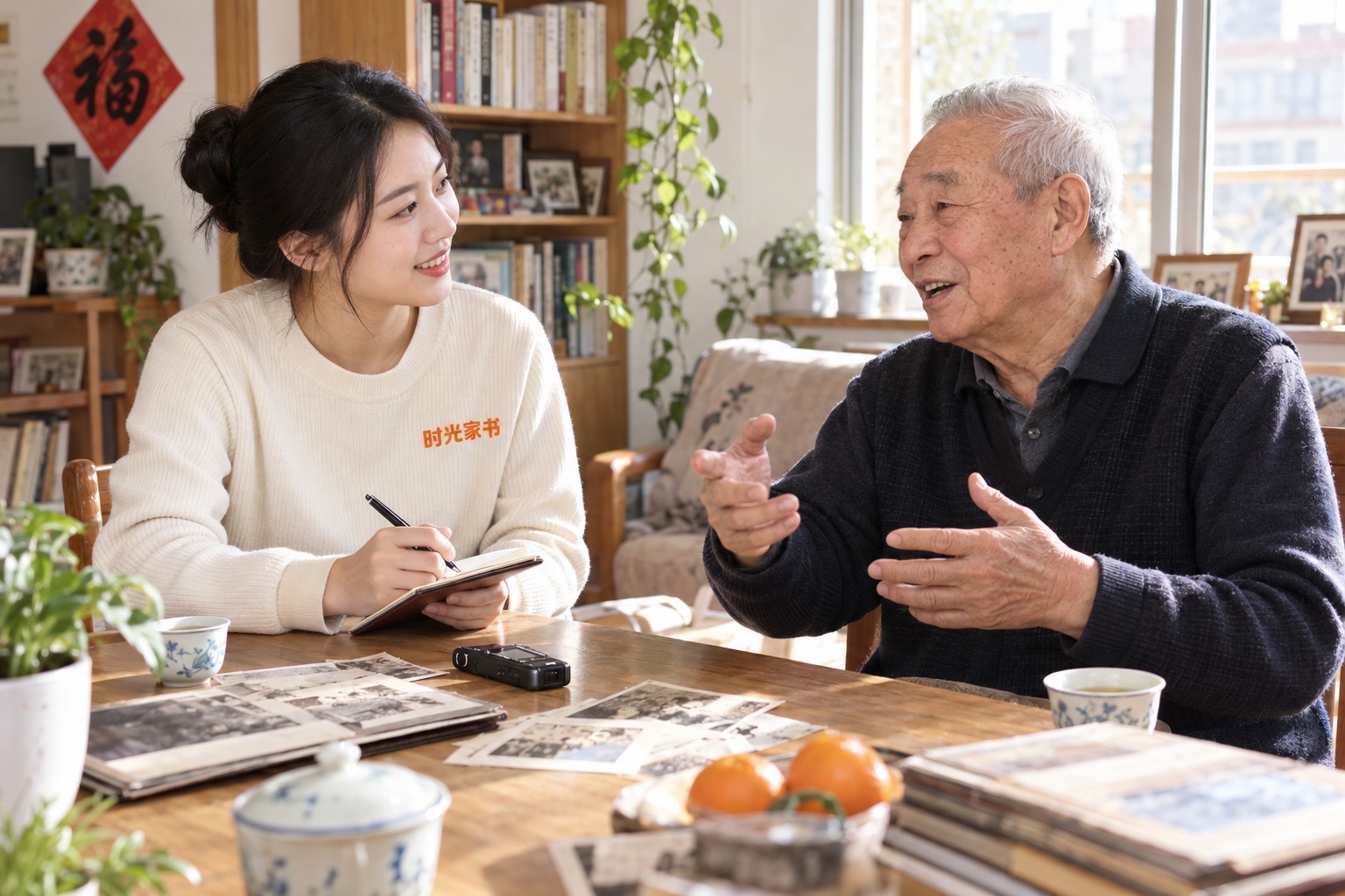时光家书团队与长辈围坐交流，桌上有老照片和小巧录音设备